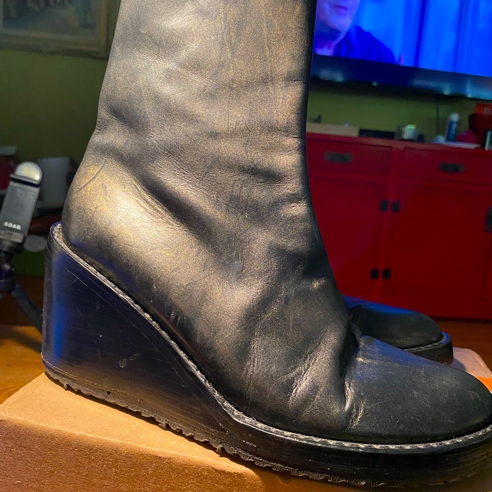 Black leather ankle wedge with  subtle antique gold airbrushed over black